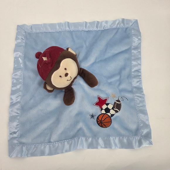 Baby Security Blanket Monkey Blue Sports Theme Satin Trim - Picture 4 of 6
